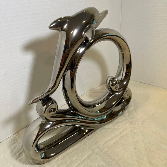 Large Vintage Herco Dolphin Figurine On Wave Decorative Sculpture Chrome Modern - Picture 3 of 12